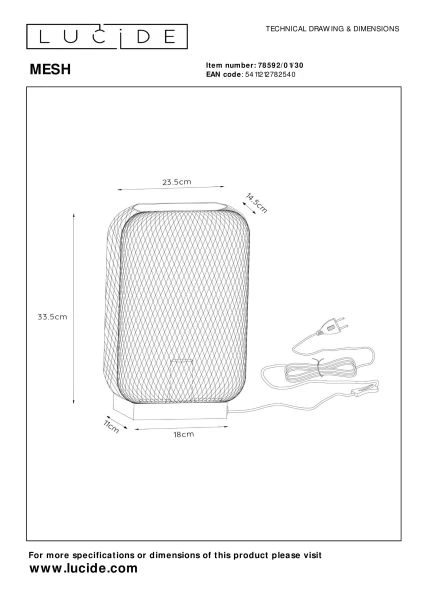 Lucide MESH - Tafellamp - 1xE27 - Zwart - technisch